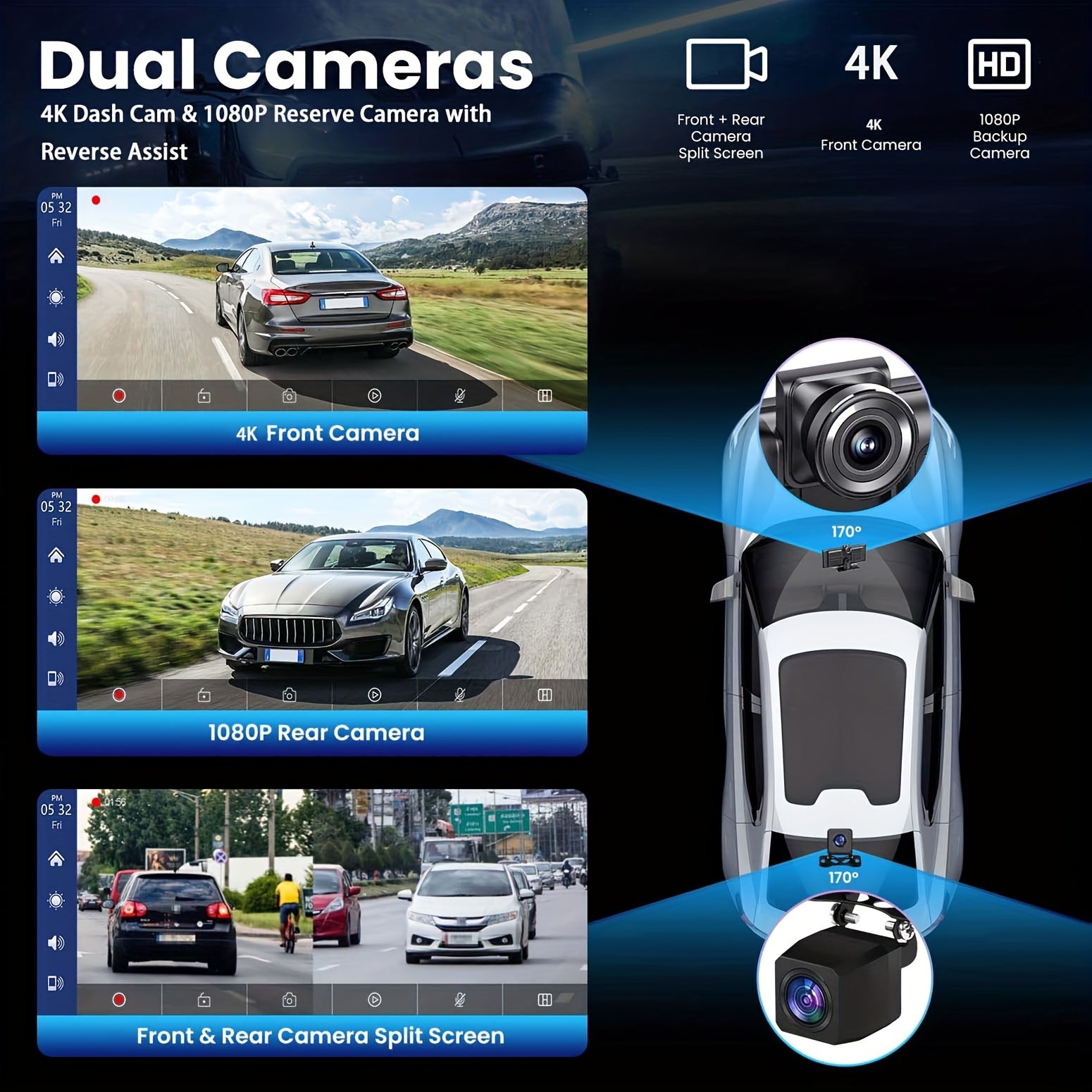 Estéreo de coche inalámbrico de 26.06 cm con cámara de salpicadero 4K, pantalla táctil IPS y cámara de marcha atrás