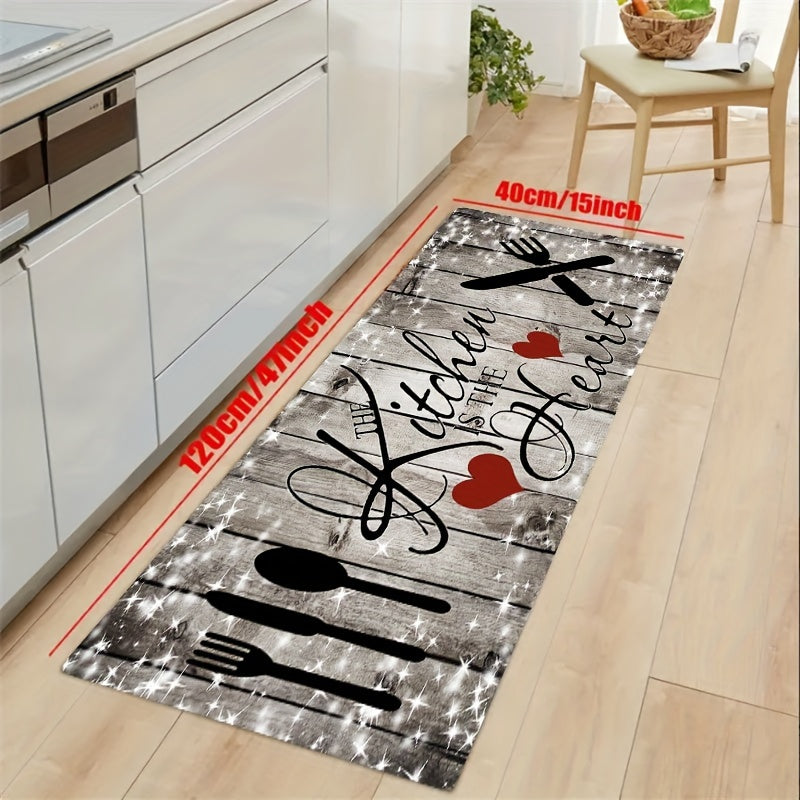 Wood Grain Kitchen Mat with Heart Knife and Fork Design Durable Polyester Non-Slip Washable