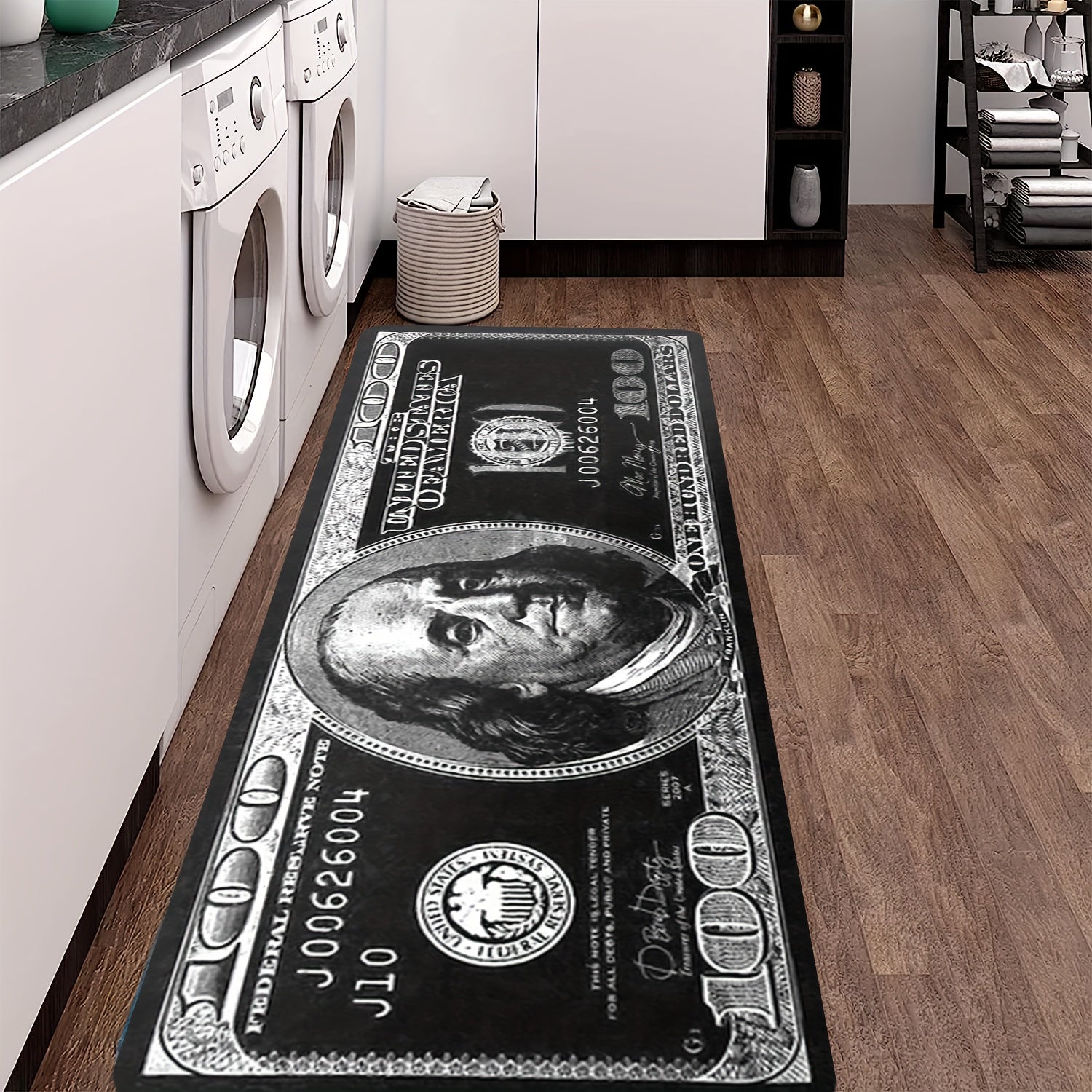 Black Dollar Design Rug, Soft Flannel, Anti-Slip Backing, Easy to Clean