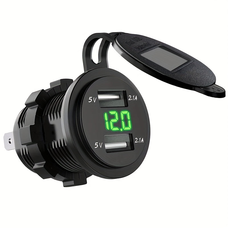 Dual USB Car Charger with Voltmeter for Boats and Motorcycles Black