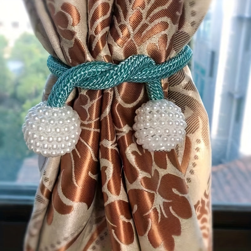 Juego de 2 correas magnéticas para cortinas con perlas falsas, hebillas elegantes para sala de estar, dormitorio, oficina