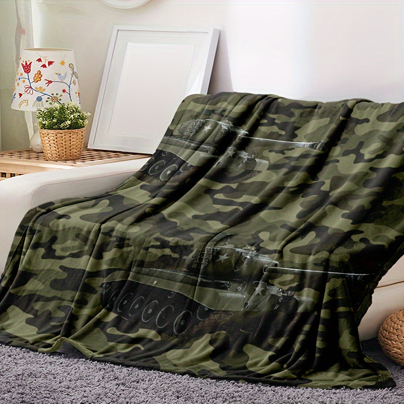 Kids Camouflage Throw Blanket Dark Green Digital Print Tank Car Bed Cover for Boys and Girls