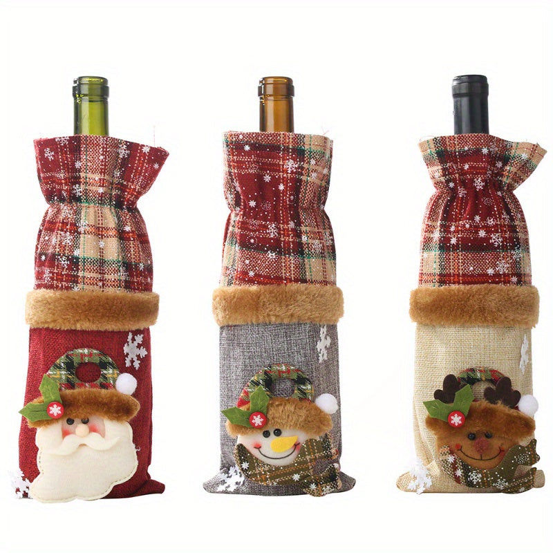 Set of 3 Christmas Wine Bottle Covers Plaid Linen Santa Reindeer Hand Washable Canvas Bags