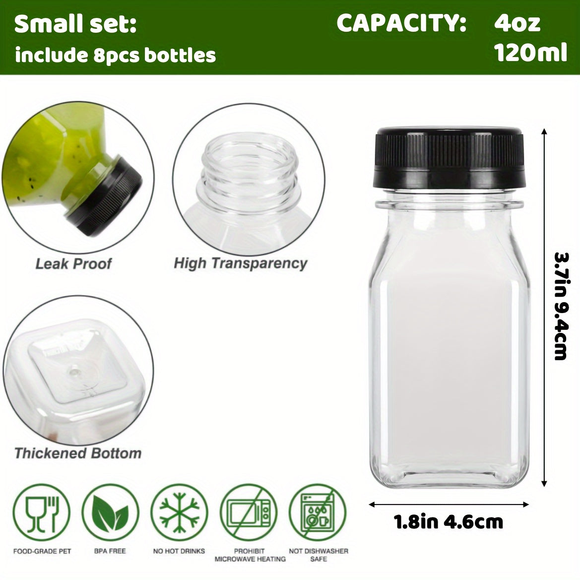 4oz shaffof plastmassa ichimlik shishalari, qopqog'lar bilan, 4, 6 yoki 8 ta, sharbat, sut, smuzi uchun