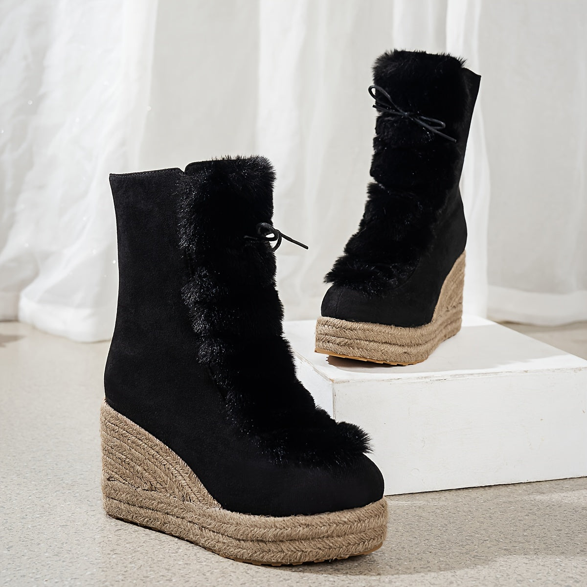 Женские льняные ботильоны на платформе с клиновидным каблуком и меховой отделкой, на молнии