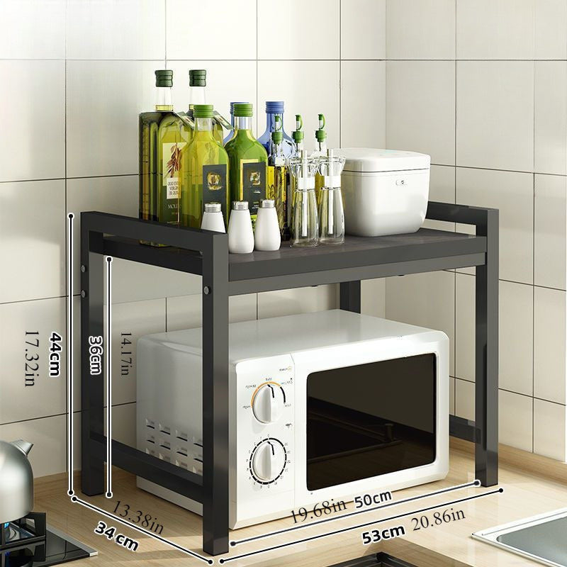 Stainless Steel Kitchen Storage Rack with 2 Tiers and Solid Wood Shelf for Microwave and Spices