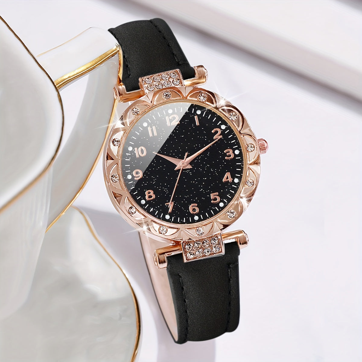 Women's Quartz Watch and Bracelet Set with Round Alloy Case and Faux Leather Band