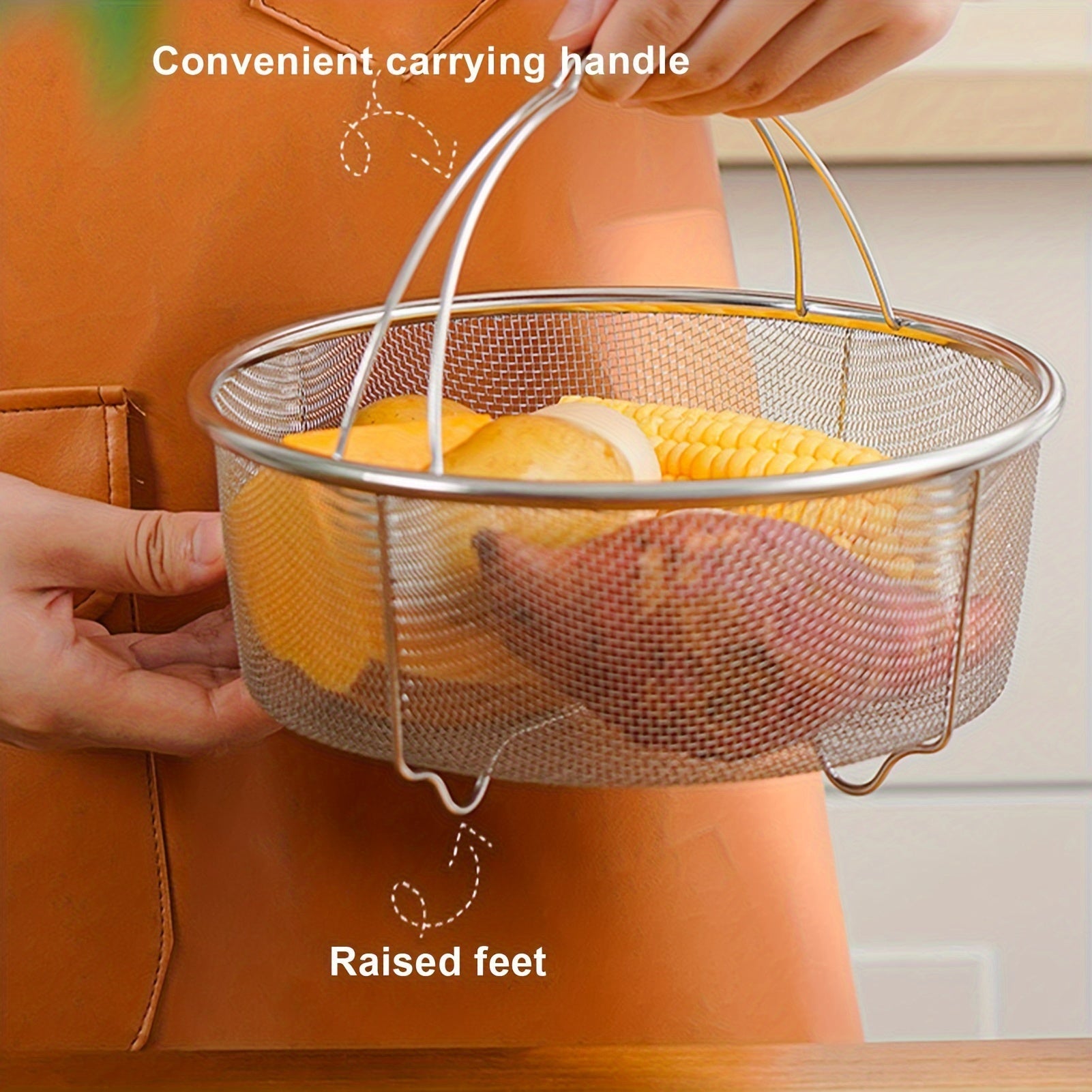 Qattiq po'latdan yasalgan tarmoq savat, tutash va dengiz mahsulotlarini bug'lash va suyuqlikdan chiqarish uchun tutqich bilan