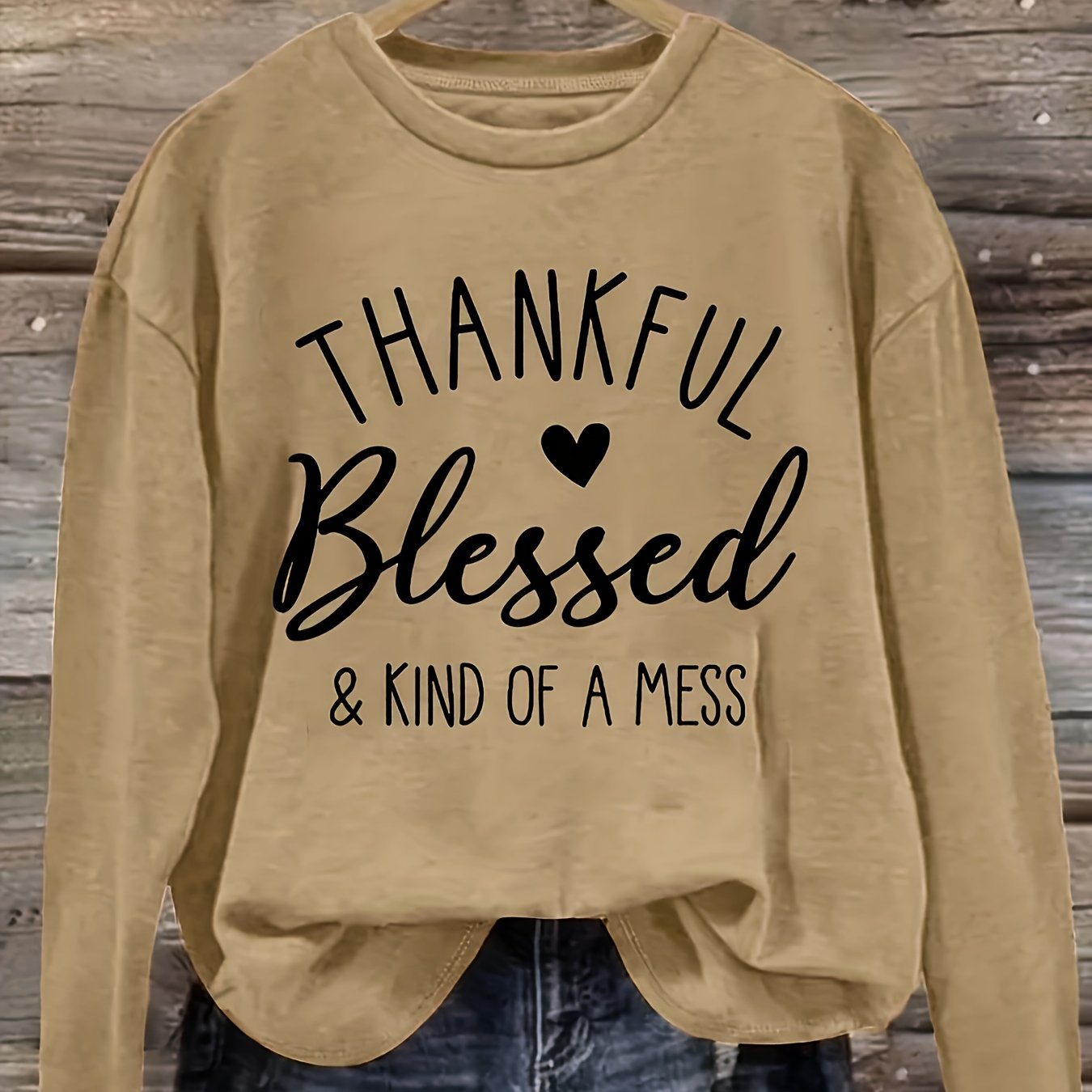 Women's Olive Green Long Sleeve T-Shirt with "Thankful Blessed" Print
