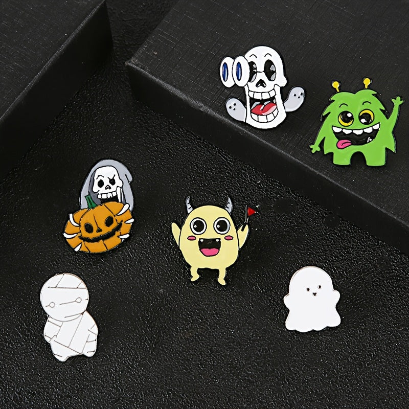Hallowe'en multfilm alyuminiy pinlar to'plami, 6 dona emalli lapel nishonlari, ruh, mumiyo, qovoq bosh, sumkalar, shlyapa uchun