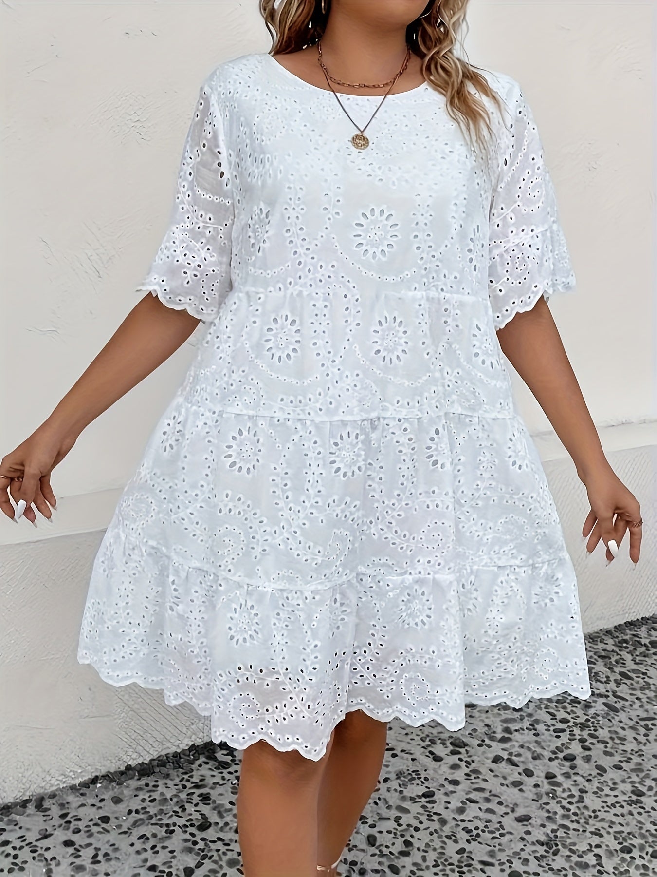Plus Size Lace-Trimmed Eyelet Embroidery Dress with Mesh Fabric for Spring and Summer