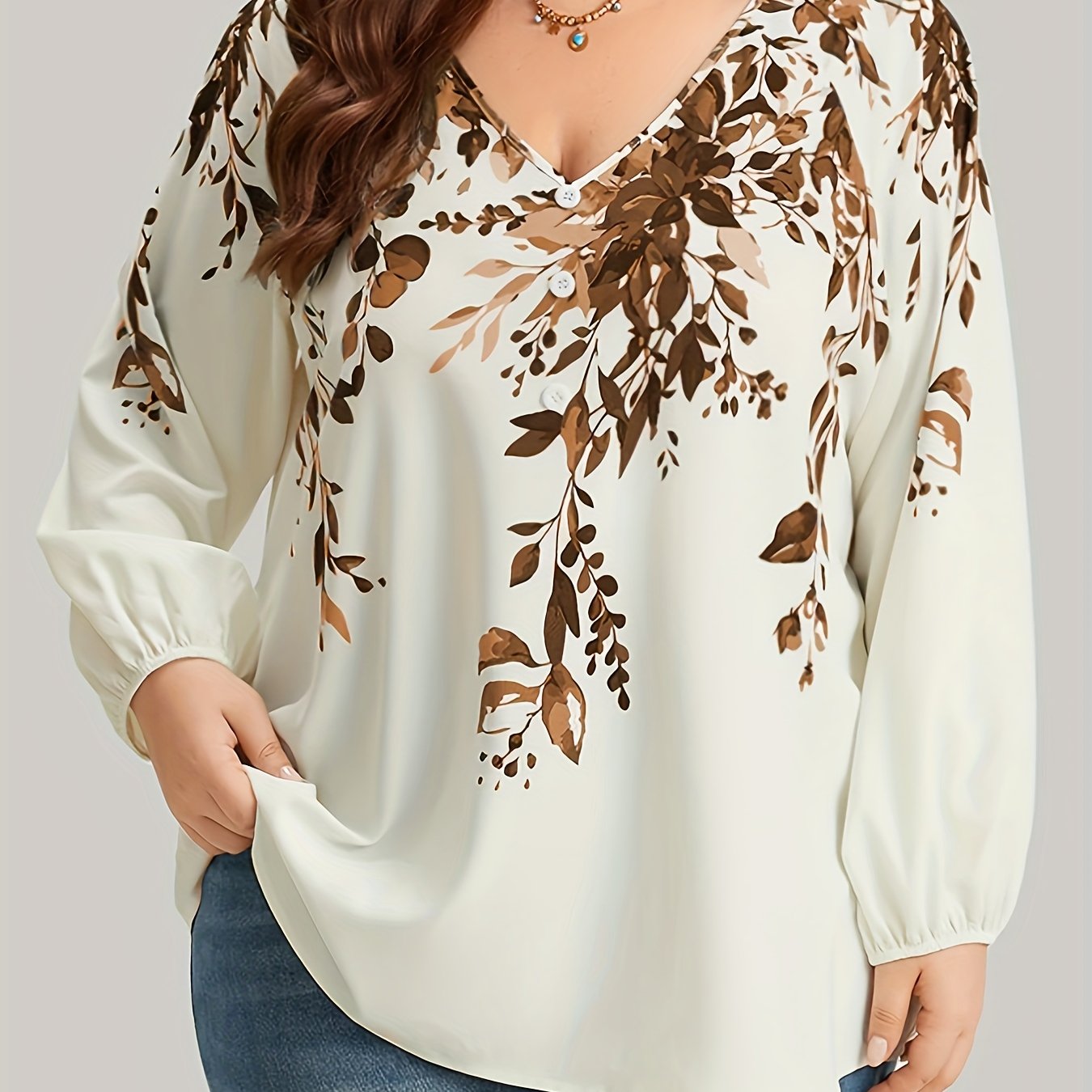 Plus Size Floral Print Blouse V-Neck Long Sleeve Spring Women's Clothing