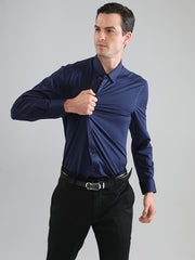 Men's Solid Color Long Sleeve Dress Shirt Stretch Polyester Business Casual Button-Up Collared