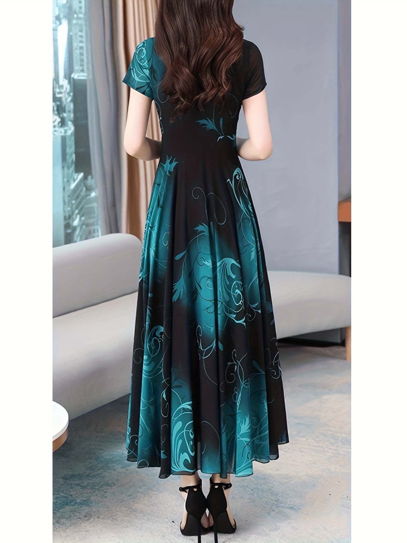 Women's Polyester Dress with Floral Print Crew Neck Spring Autumn Elegant No Stretch