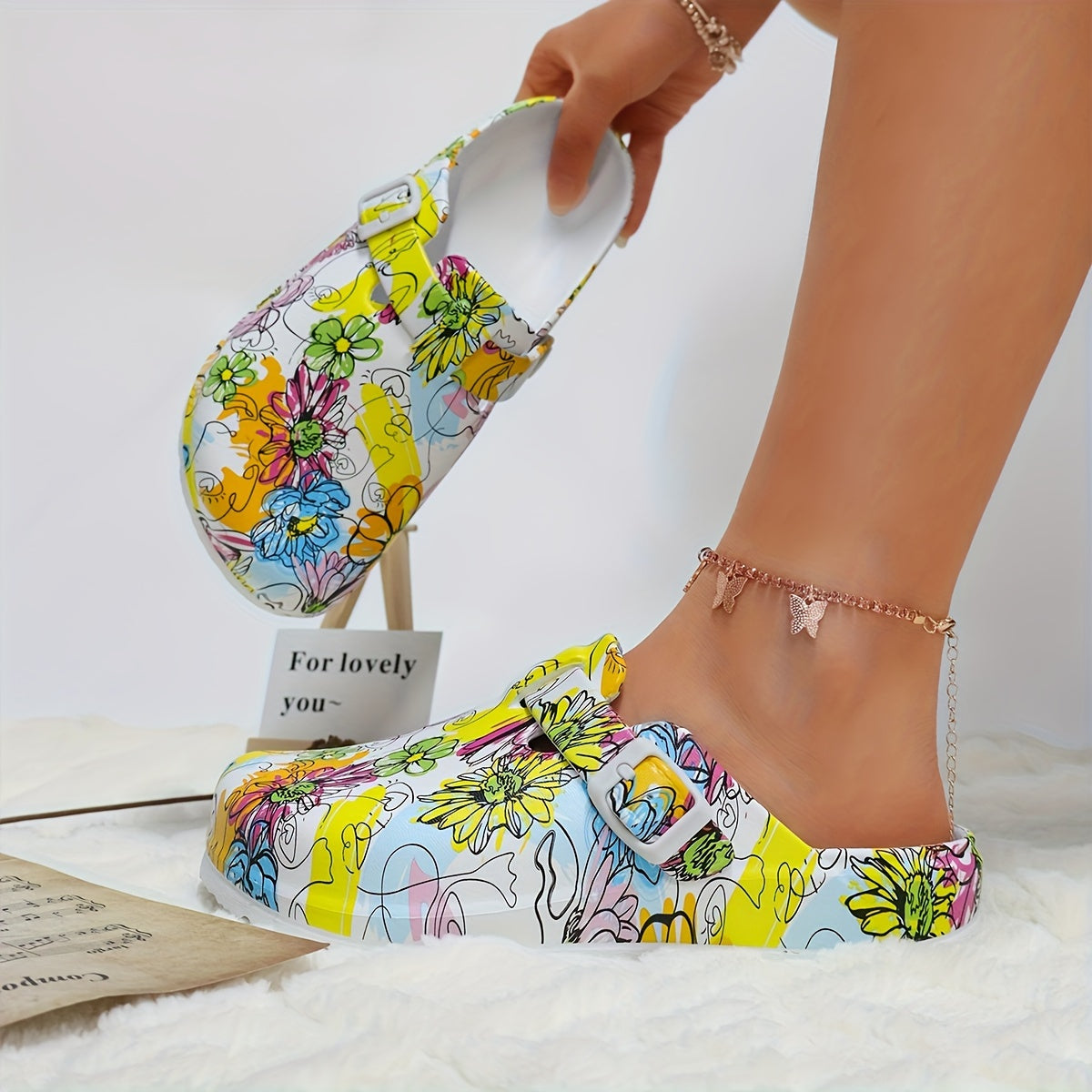 Women's Floral Pattern EVA Slip-On Mule Slippers with Adjustable Buckle