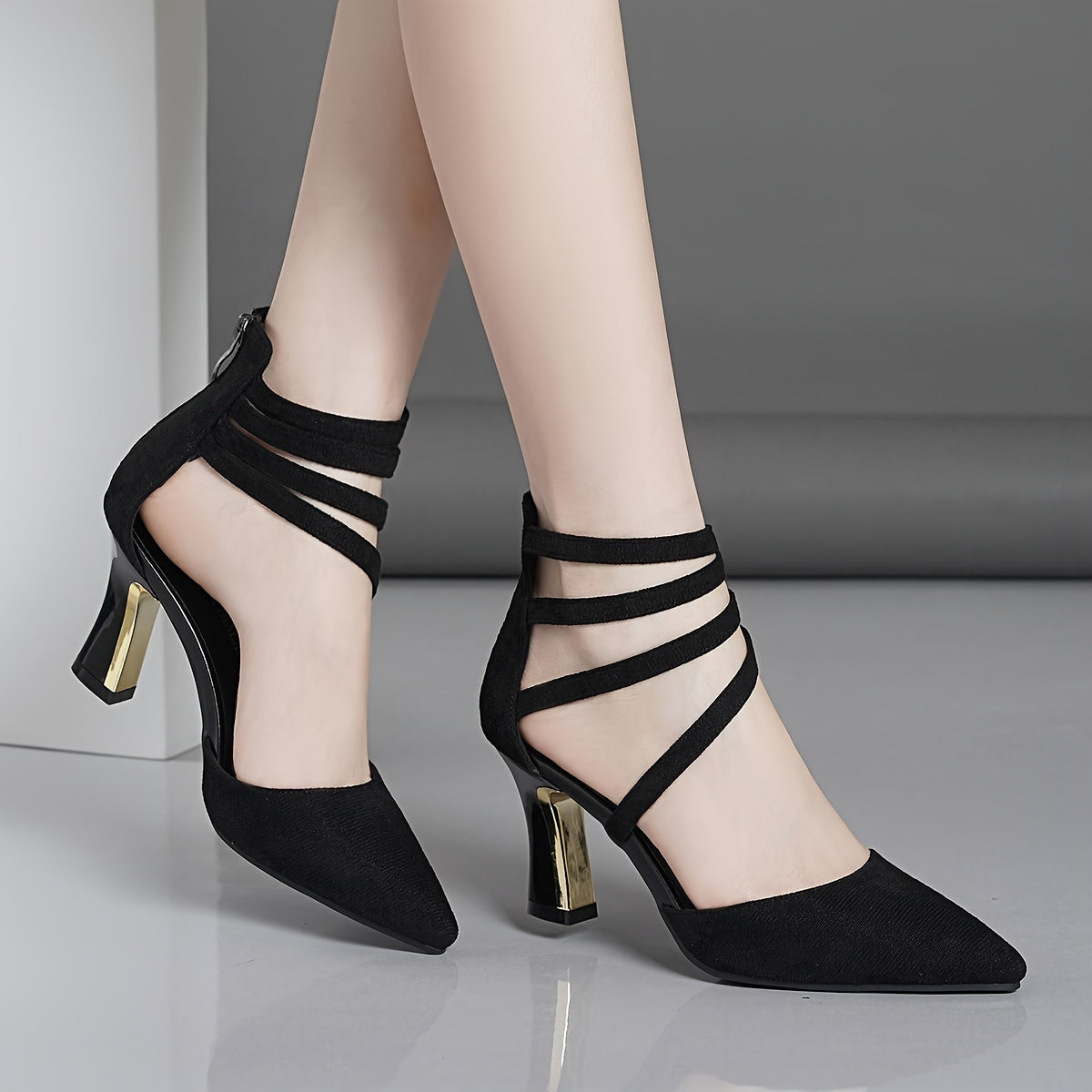 Women's Solid Color Pointed Toe Sandals with Block Heels and Zipper Closure