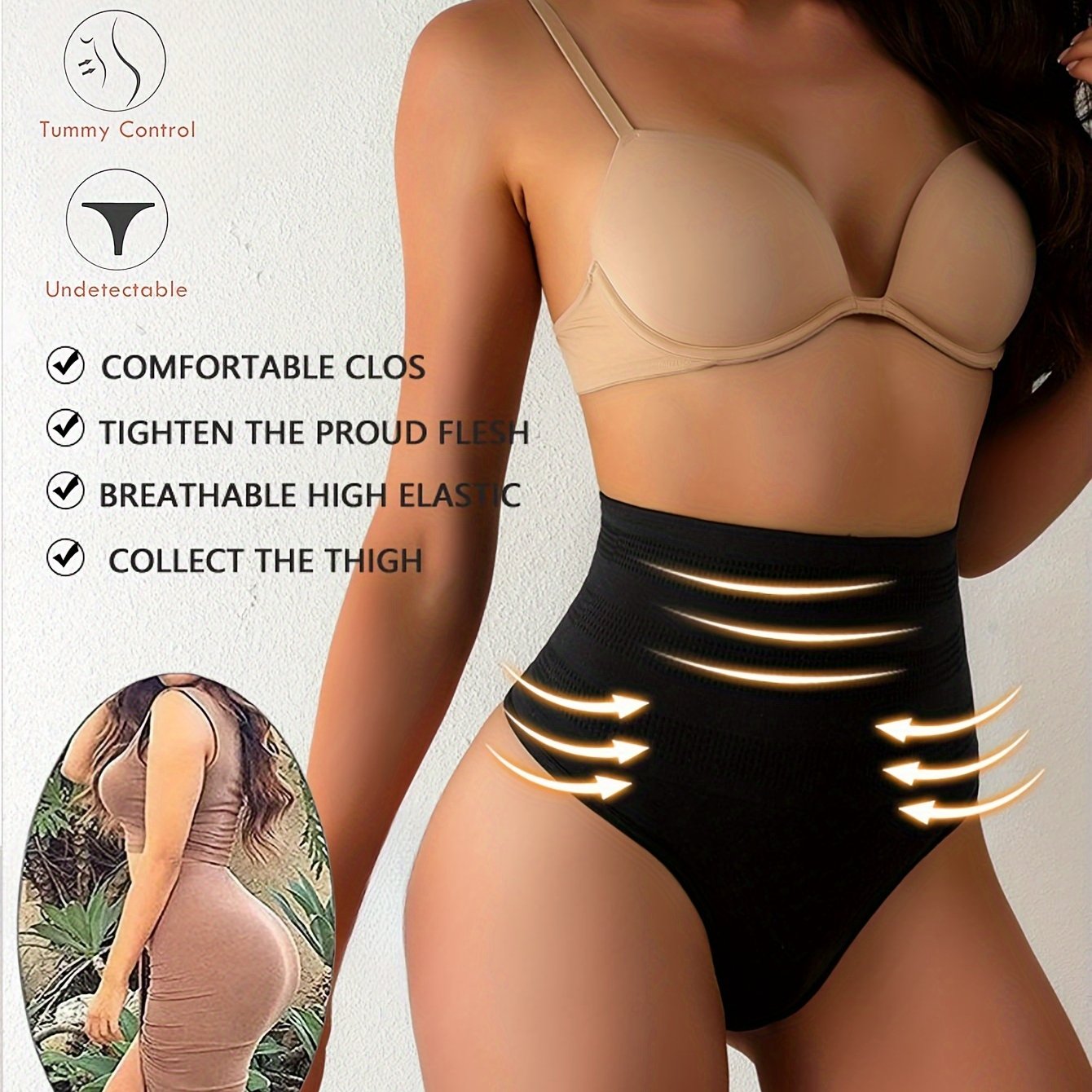 High Waist Shaping Thong for Women Tummy Control Buttocks Lift Solid Color Polyamide Spandex