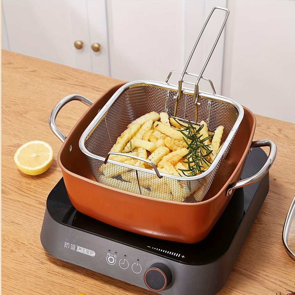 Juego de freidora profunda de acero inoxidable con base de inducción, tapa, cesta de malla y vaporizador
