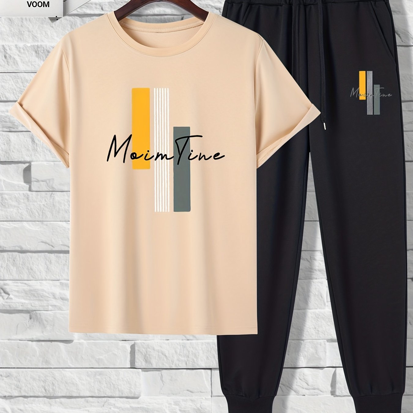 Men's Polyester Color Block Print 2-Piece Outfit Short Sleeve T-Shirt and Drawstring Trousers