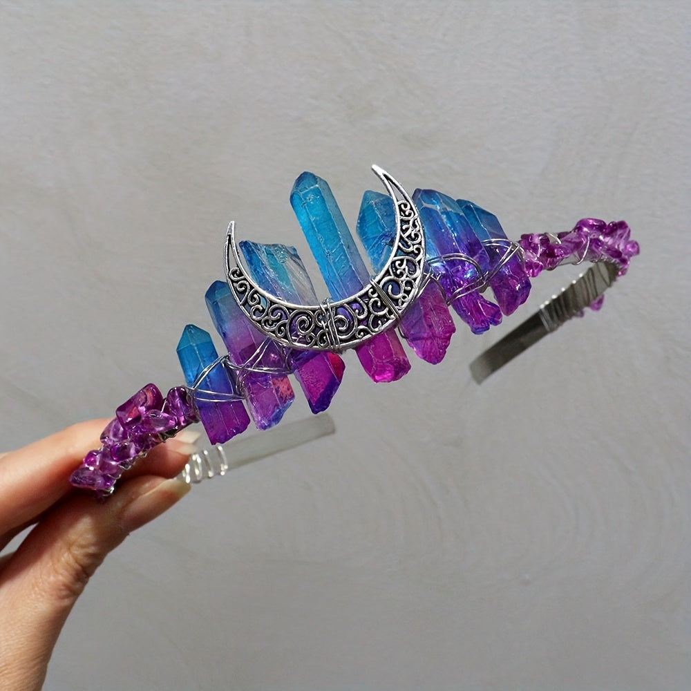 Women's Hair Accessory Headband with Natural Crystal and Moon Tiara Design