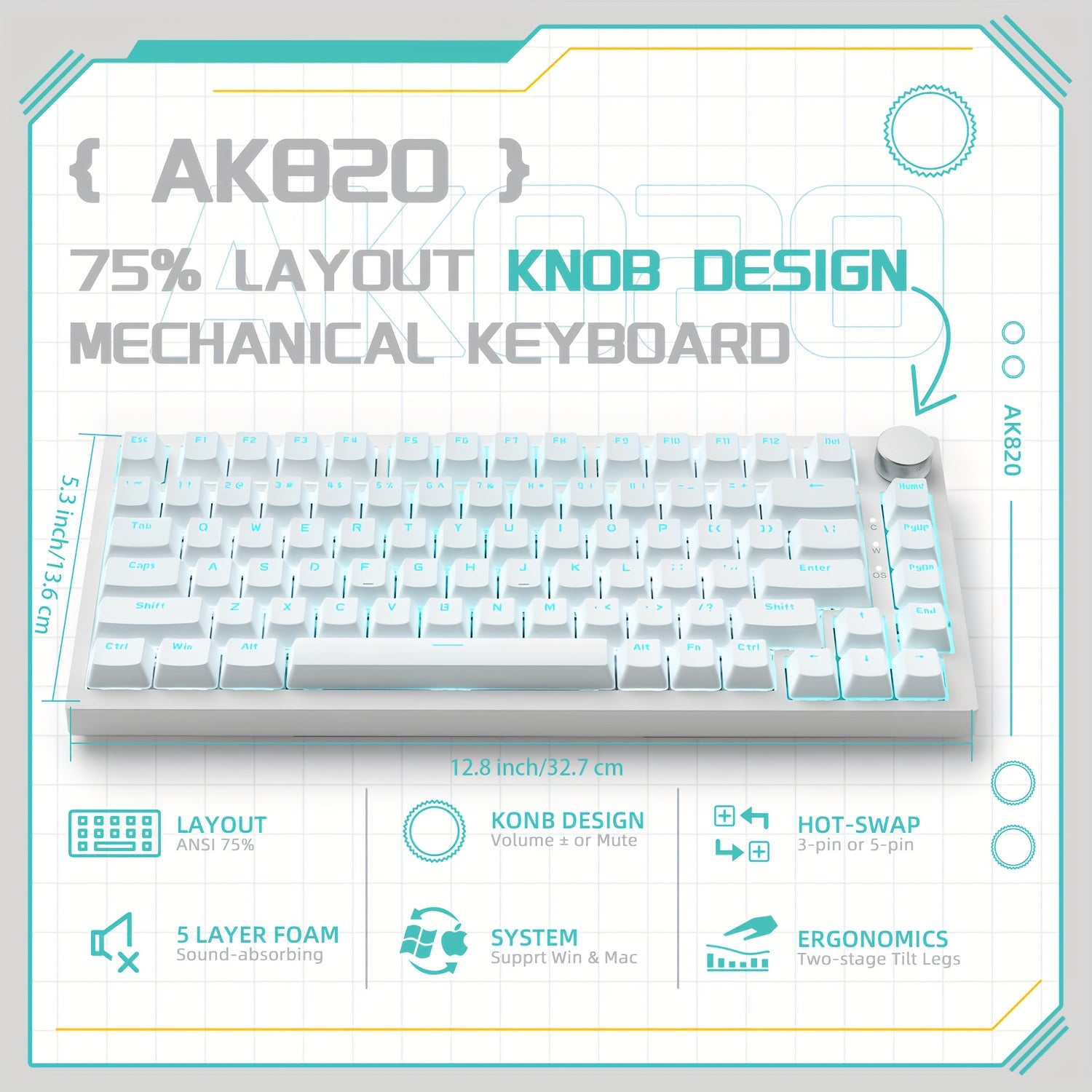 75% Wired Mechanical Gaming Keyboard with Knob and Hot-Swappable Sockets