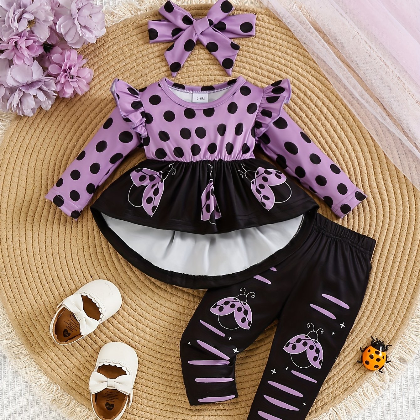 Toddler Girl Ladybug Print Polyester Outfit with Long Sleeve Crew Neck Pullover and Pants