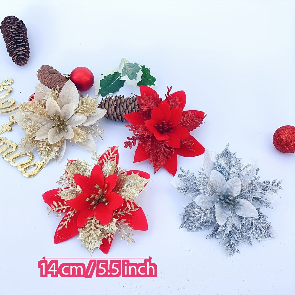 Flores de Navidad con purpurina multicolor, 13.97cm, decoraciones huecas de 3 capas para árbol y corona