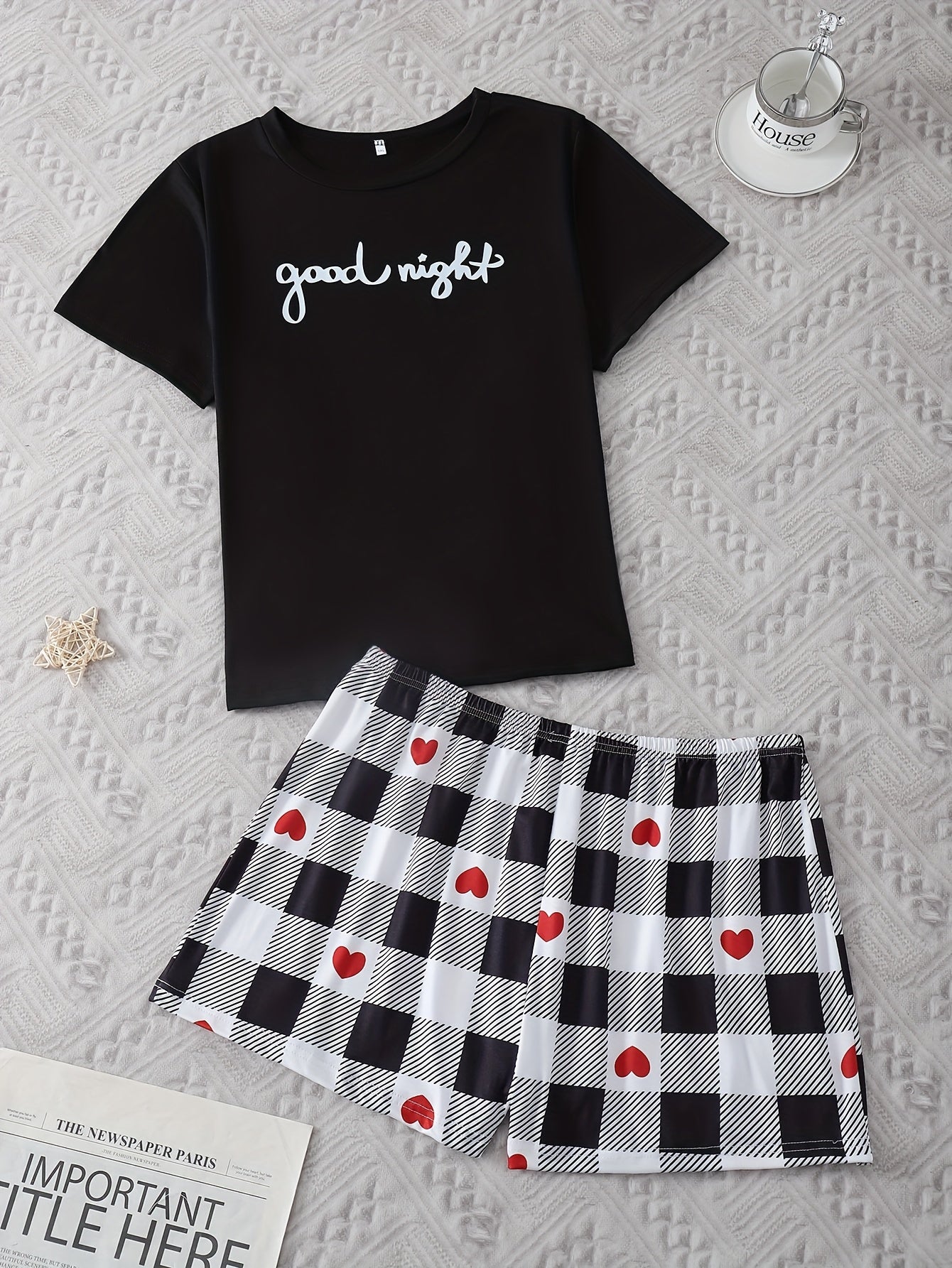 Plus Size Women's Pajama Set Short Sleeve Checkered Cartoon Print Sleepwear
