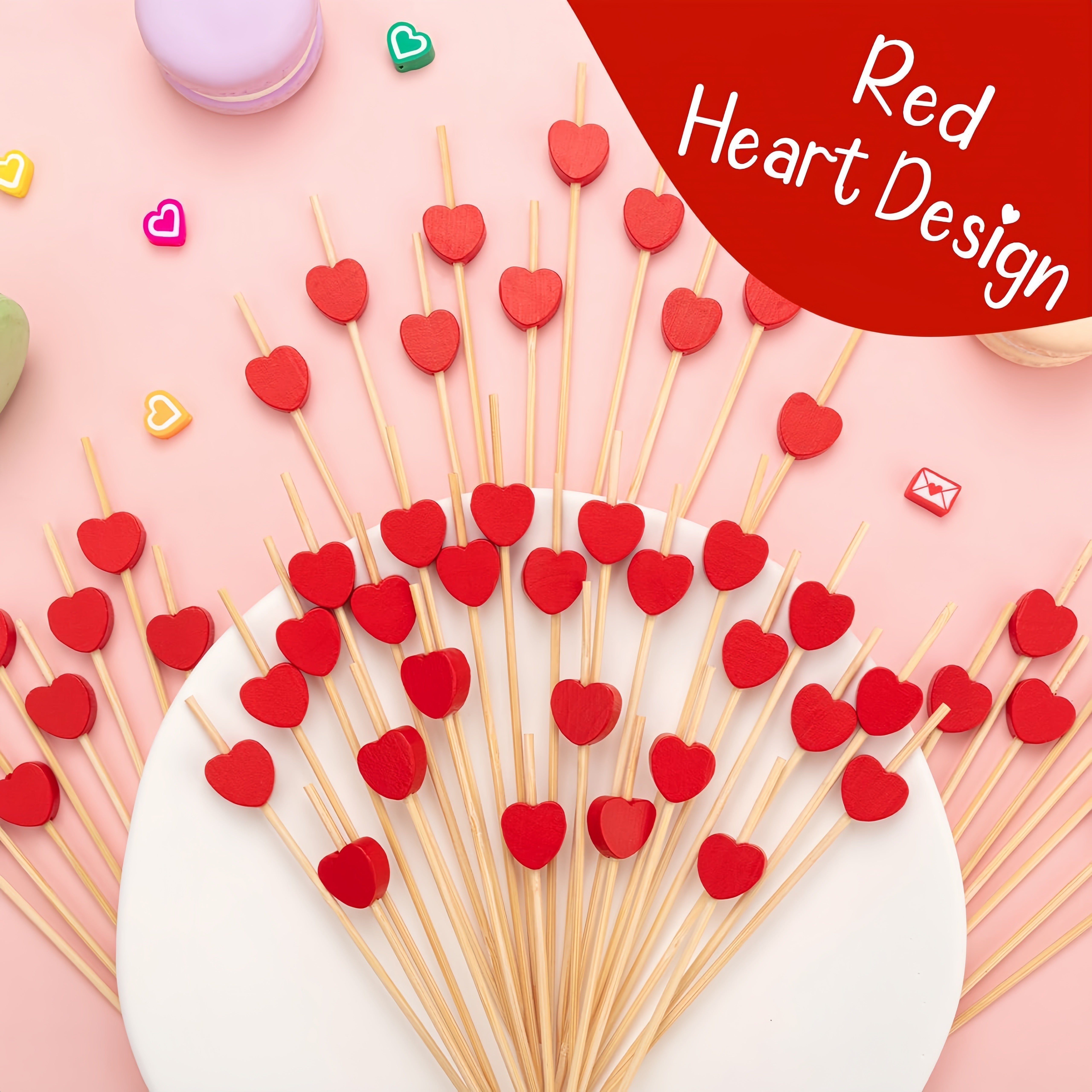 100 Pcs Red Heart Cocktail Picks Bamboo Skewers for Weddings and Parties