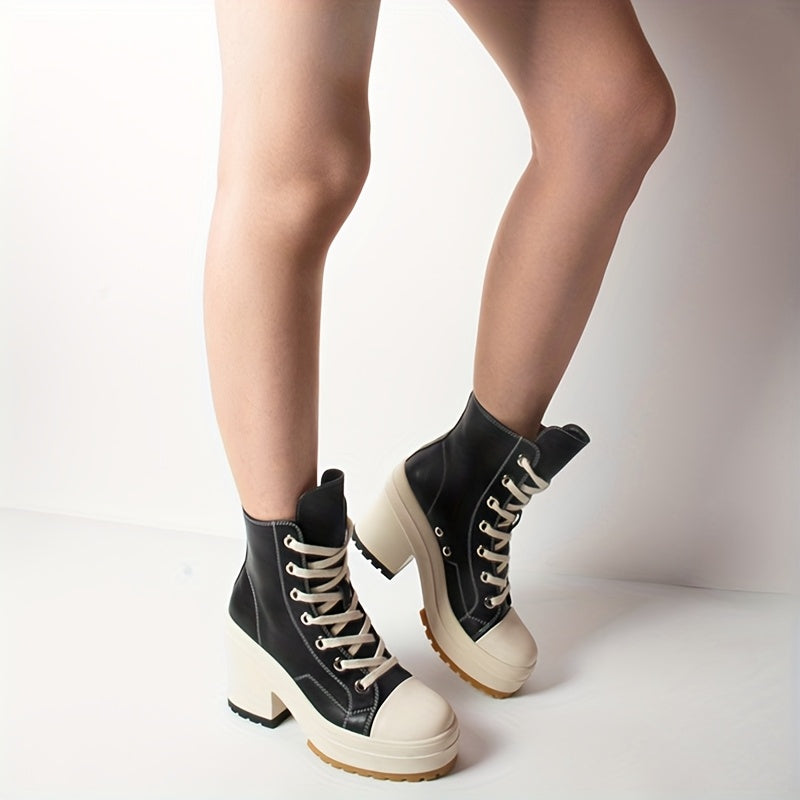 Women's Chunky Platform Ankle Boots Faux Leather Lace-Up Sneakers