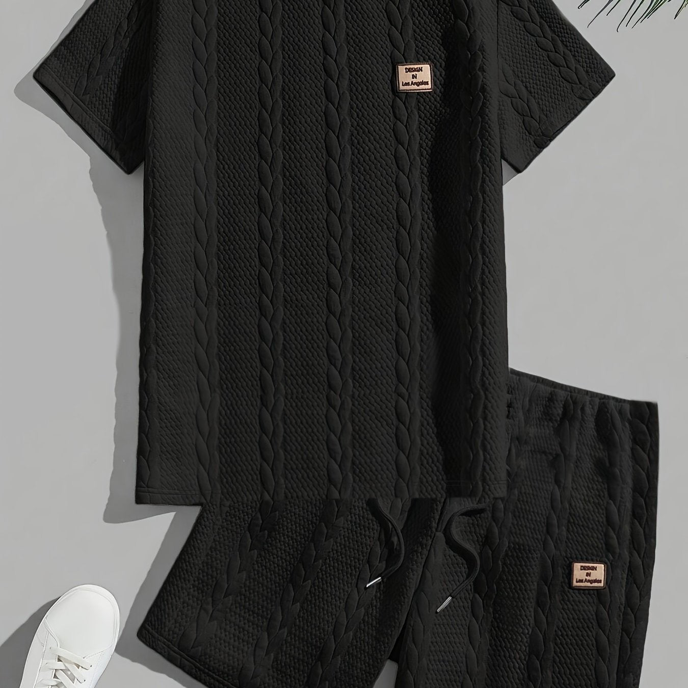 Men's Black Casual Short Sleeve T-Shirt and Shorts Set Polyester Knit All-Season