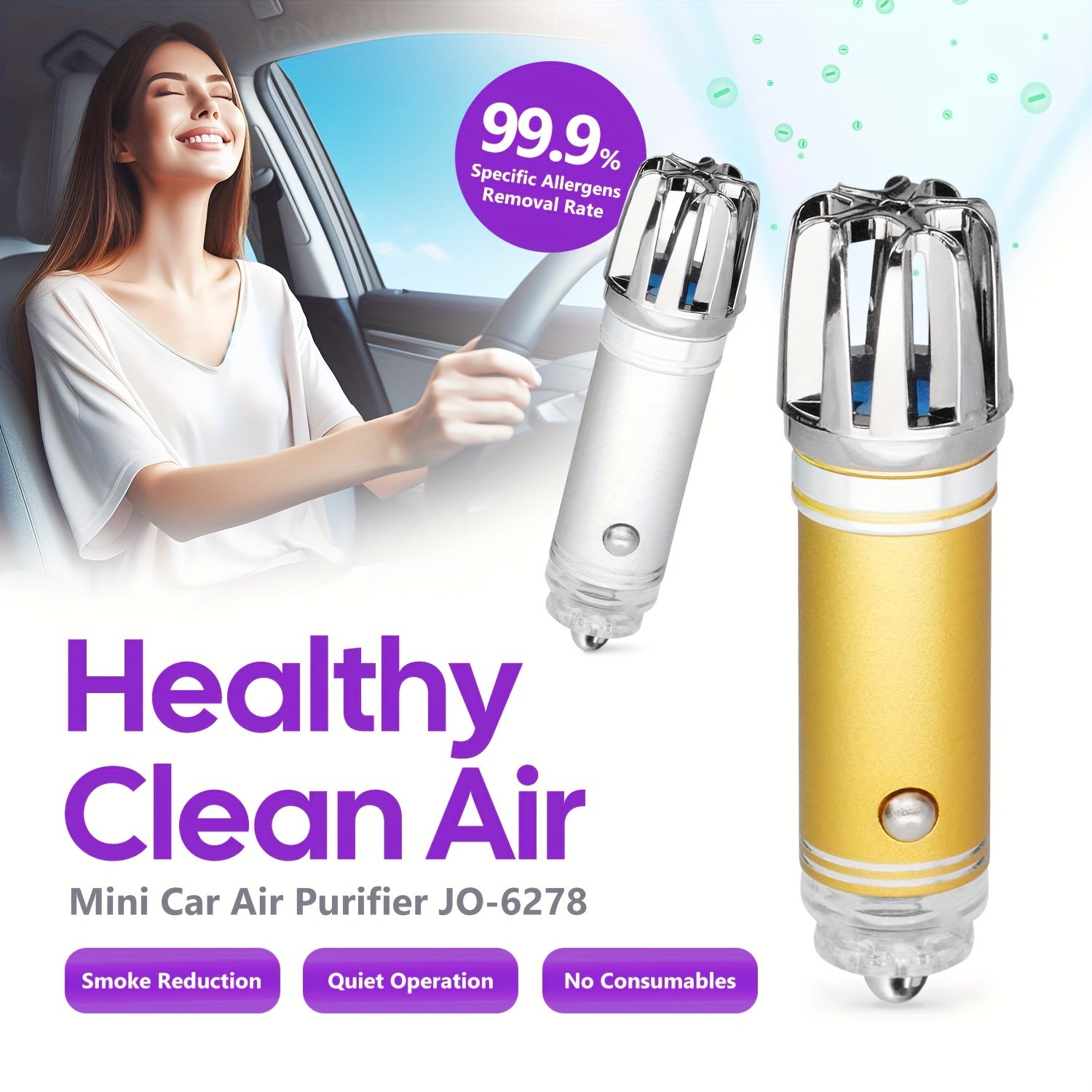 Mini Car Air Purifier with Negative Ions for Smoke Dust Pollen and Odors