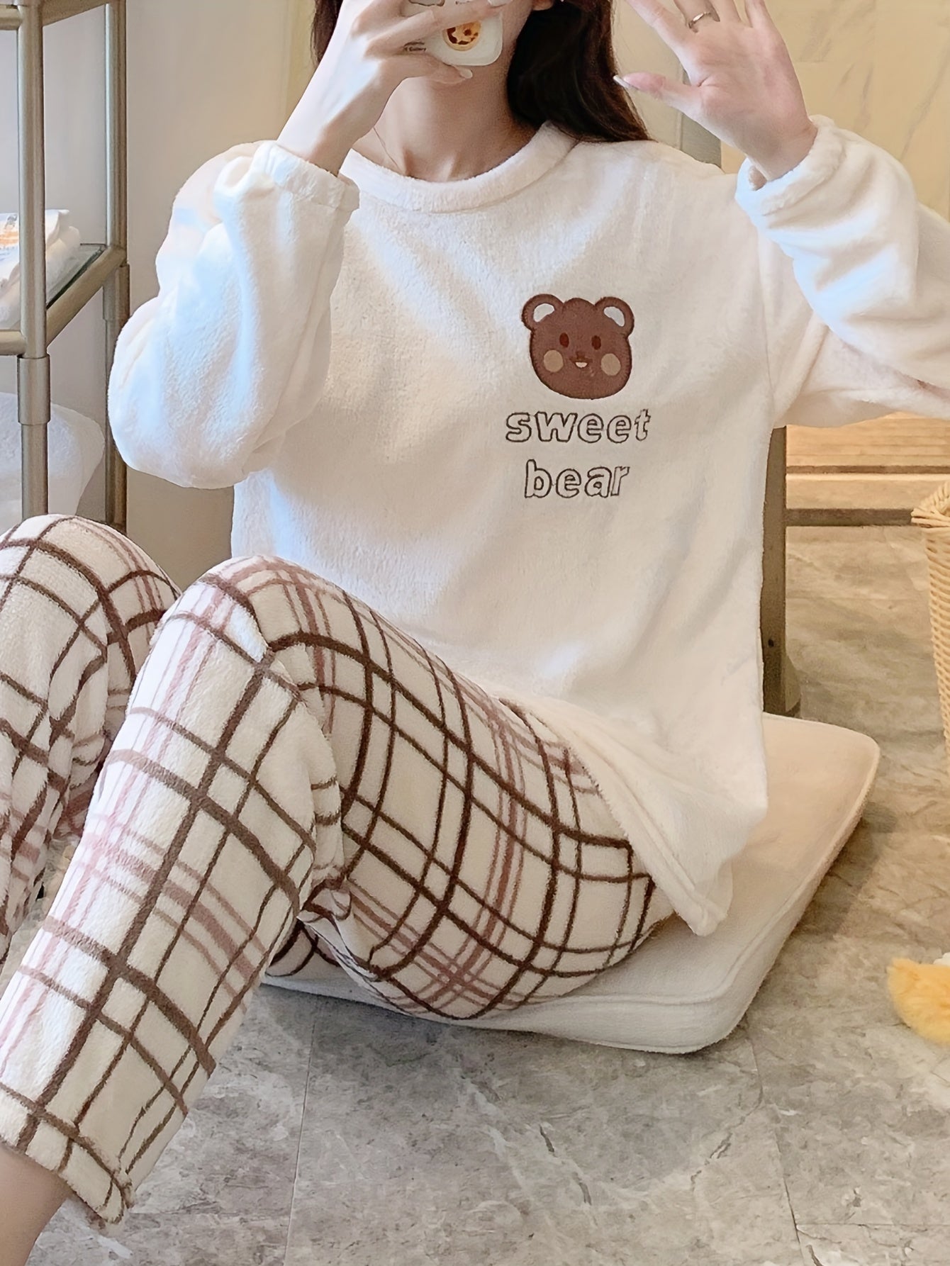 Women's Teddy Bear Pattern Pajama Set Long Sleeve Plaid Pants Winter