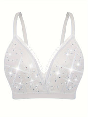 Plus Size Women's Deep V-Neck Sparkling Backless Lace Strapless Bra