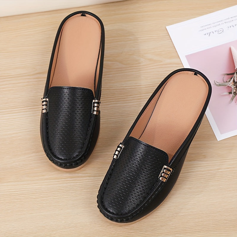 Women Slip-On Loafers Faux Leather Casual Shoes Golden Buckle All-Season