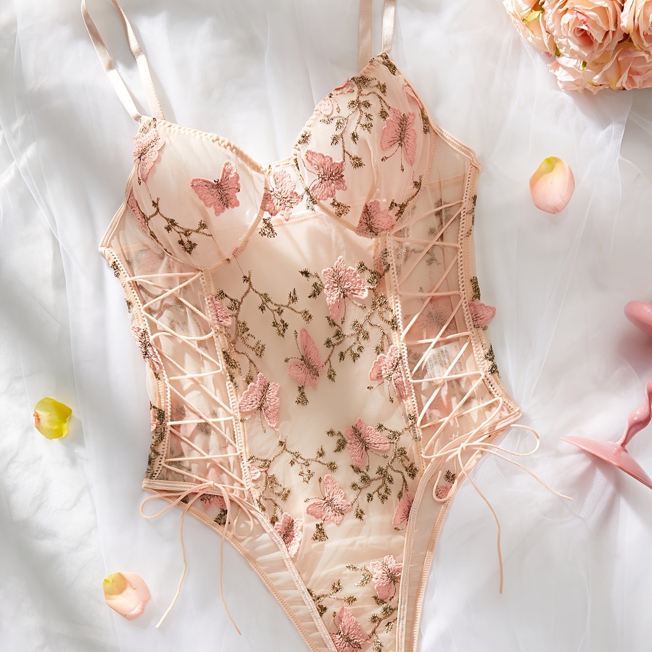 Bodies de felpa con bordado de osito y floral transparente para mujer