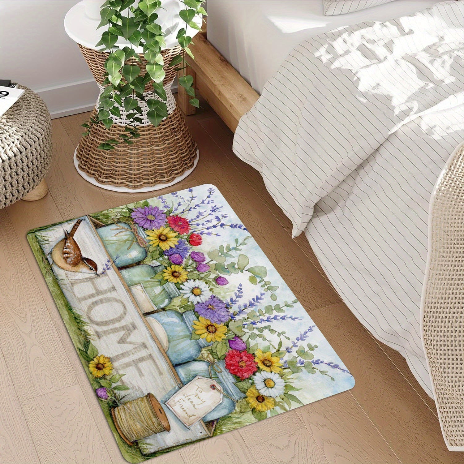 Spring Floral Bird Door Mat, Anti-Fatigue, Machine Washable, Non-Slip, 1.2cm Thick