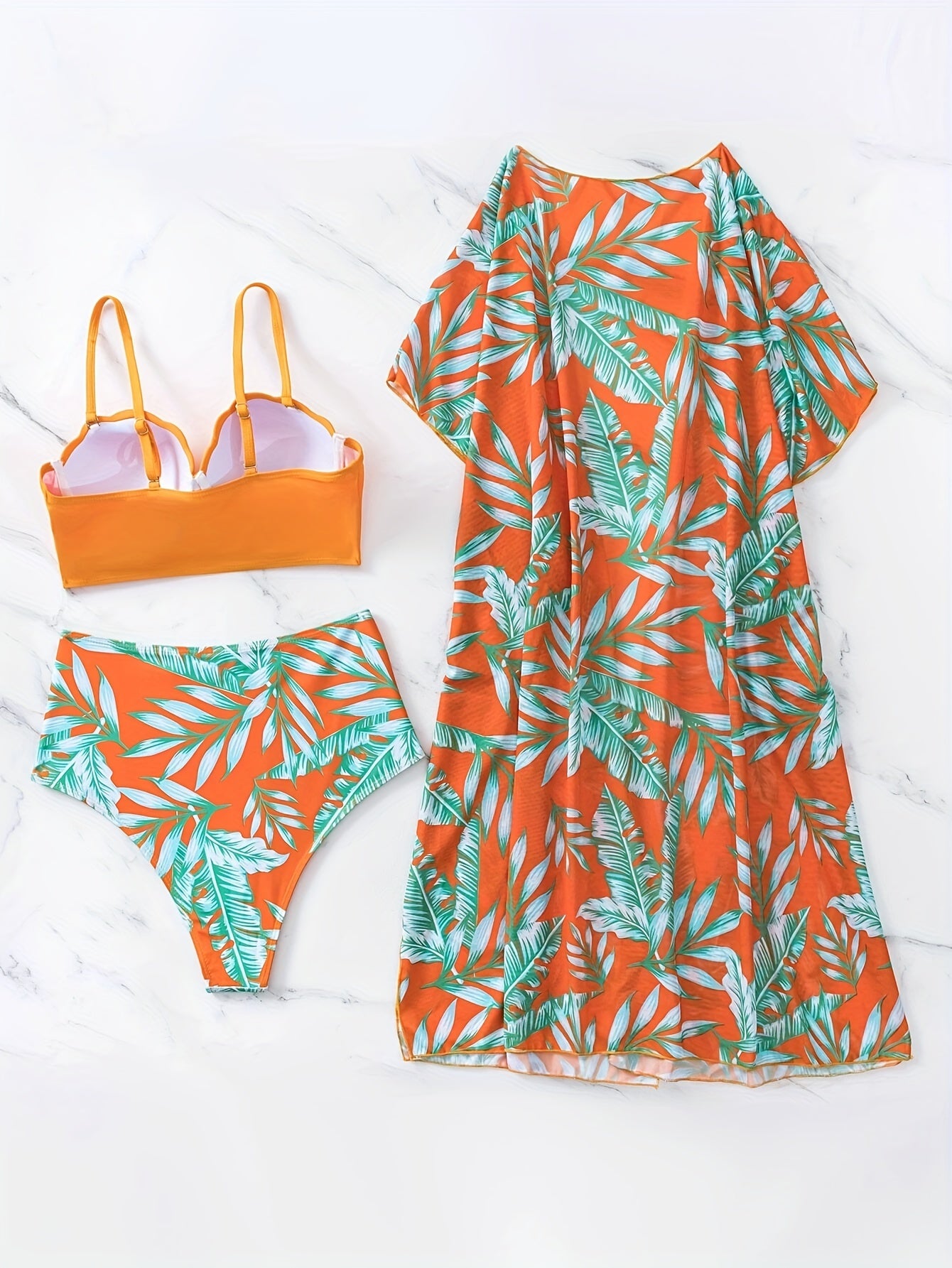 Tropical Print High Waist Bikini Set with Spaghetti Straps and Cover Up Shirt