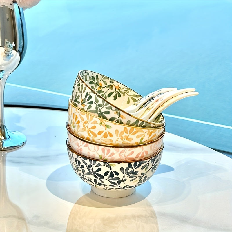 Set of 4 Ceramic Bowls with Floral Patterns, Dishwasher Safe, Oven and Microwave Safe