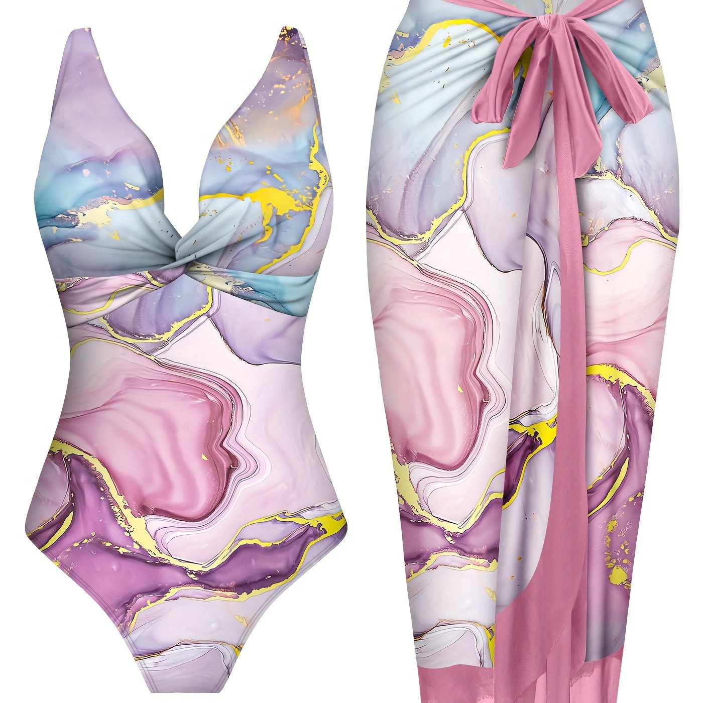 Комплект боди и обертки из мраморного океанского золота с завитком