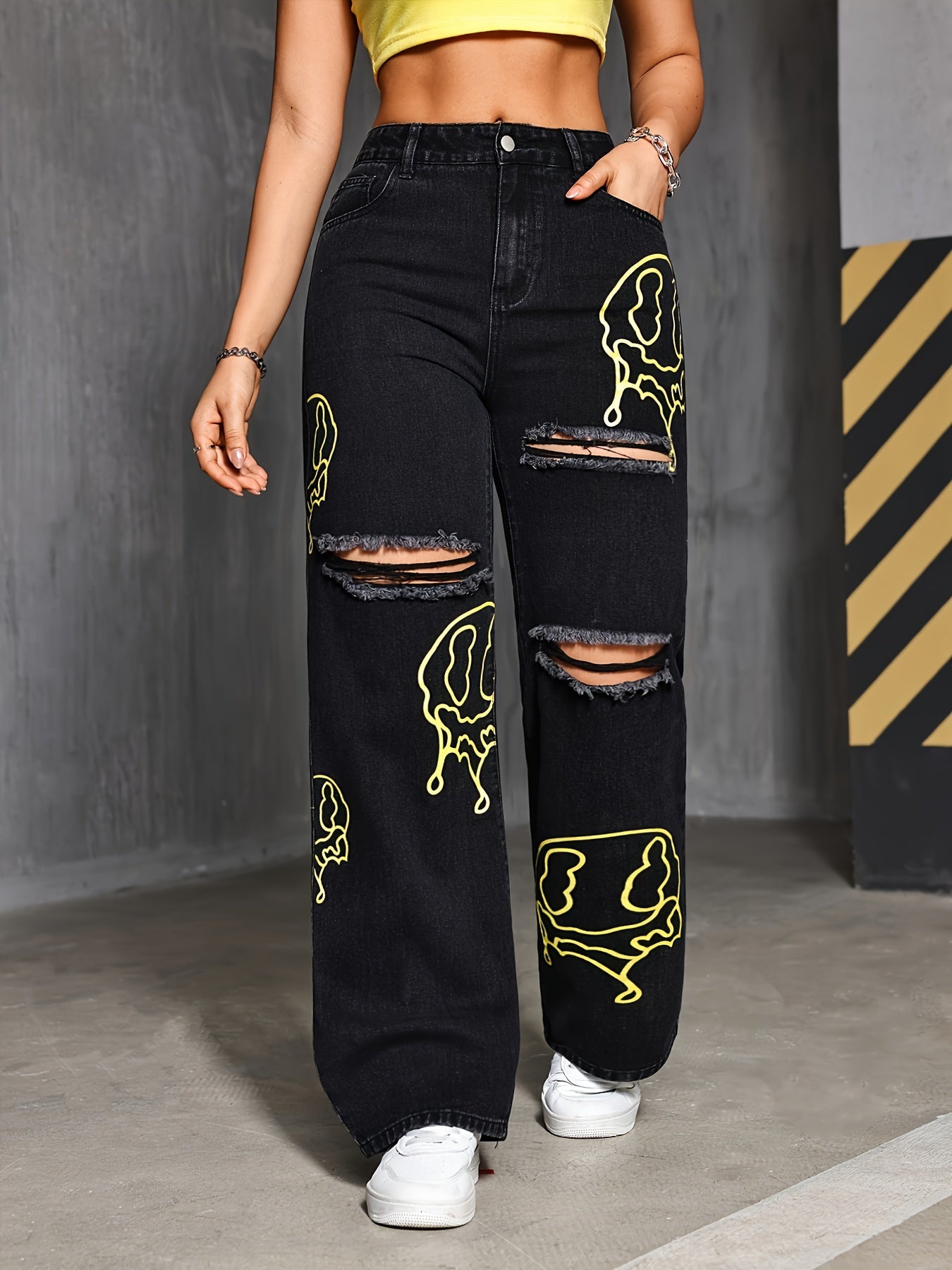 High-Waisted Solid Color Block Denim Jeans for Women Long Woven Fabric