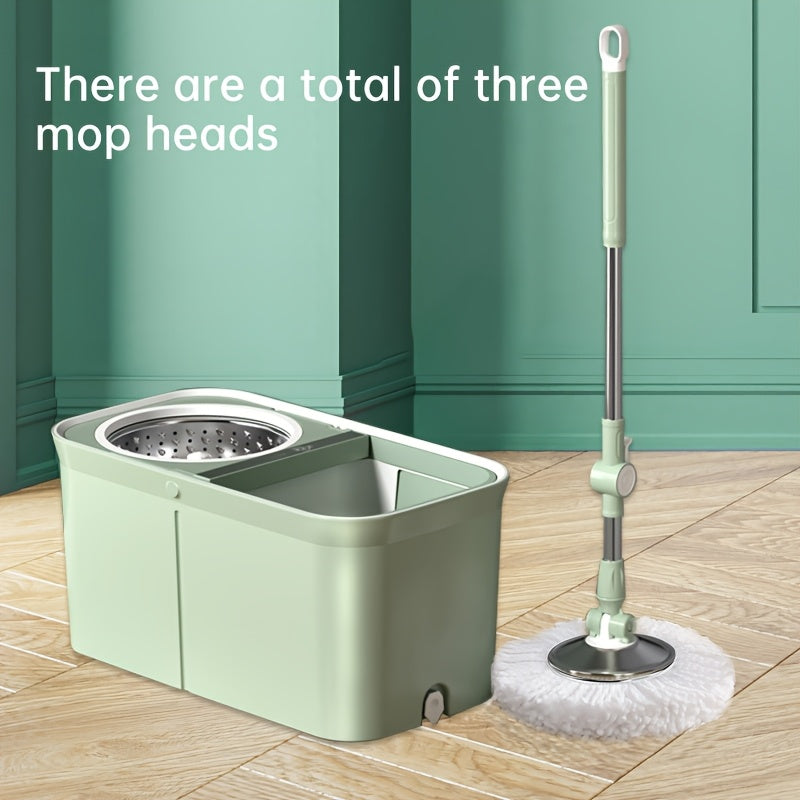Rotating Mop Bucket Set with Stainless Steel Rod and 3 Mop Cloths for Home Use