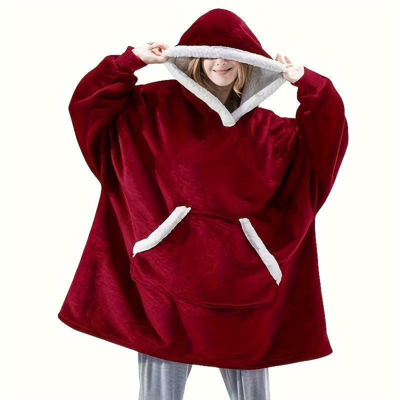 Unisex Oversized Plaid Fleece Hooded Blanket Sweatshirt with Pockets