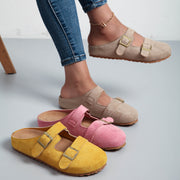 Women Pink Faux Cover Slip-On Loafers with Gold Buckle and Platform Sole