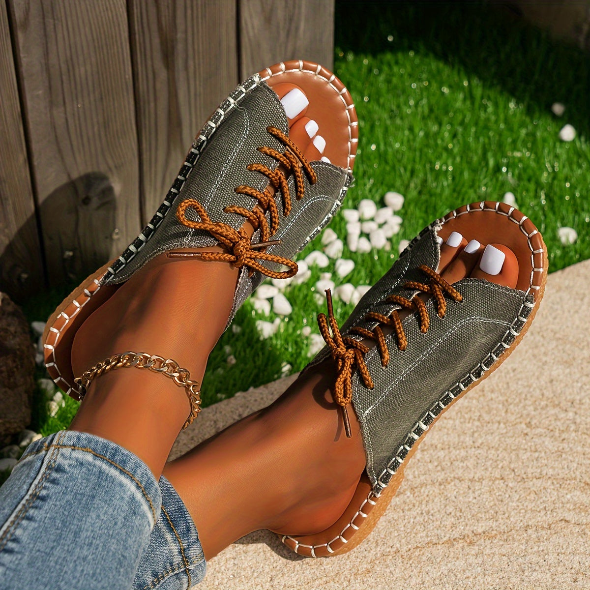 Women's Solid Color Slip-On Open Toe Flat Sandals, Fabric Upper, Comfortable Summer