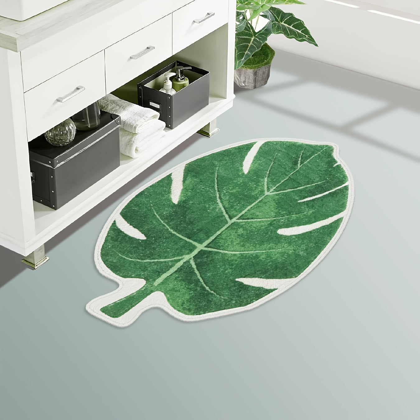 Soft Green Leaf Floor Mat Non-Slip Absorbent for Bathroom Kitchen Entryway