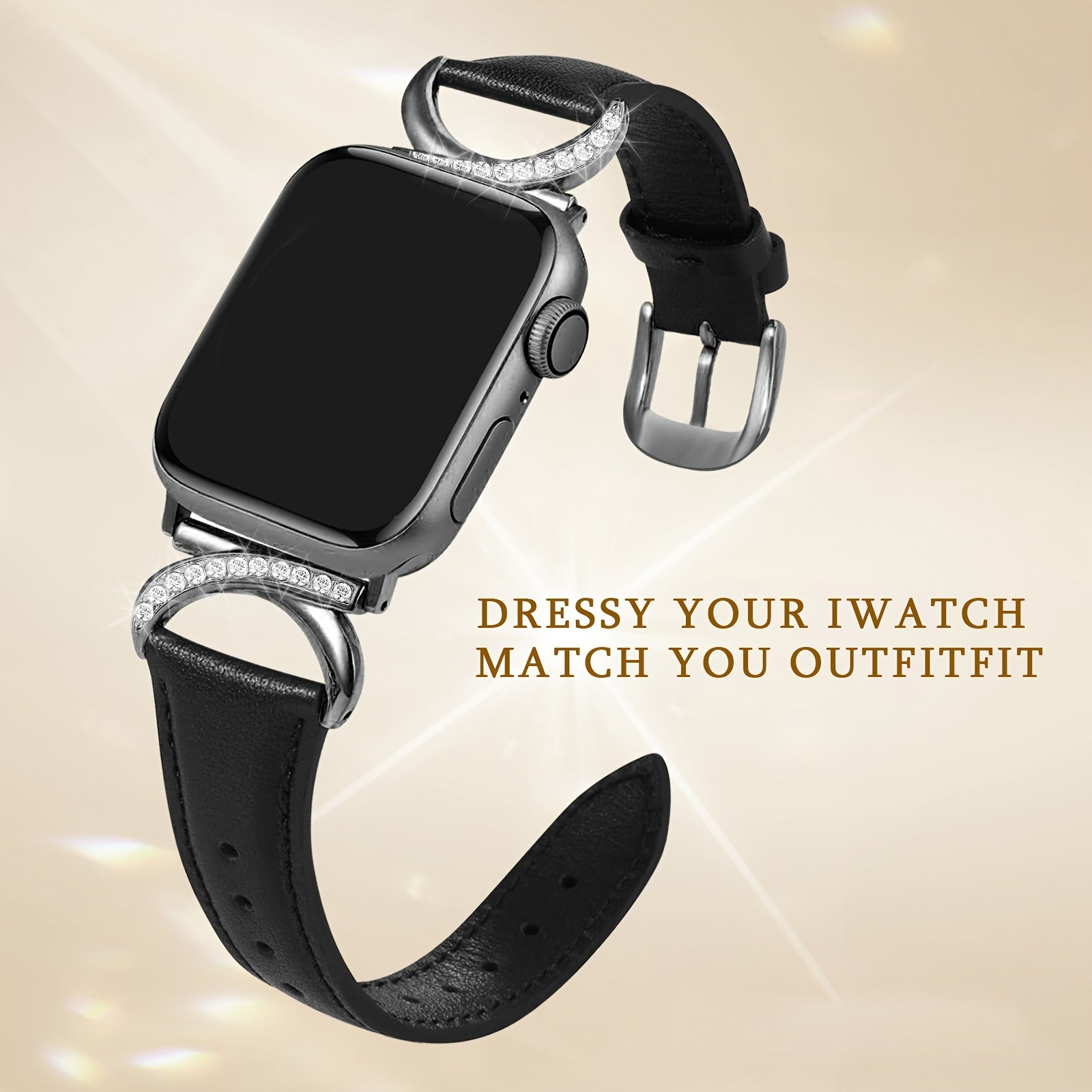 Women's Ultra-Thin Calfskin Watch Strap for Apple Watch Series 1-9 38mm-49mm Rhinestone Design