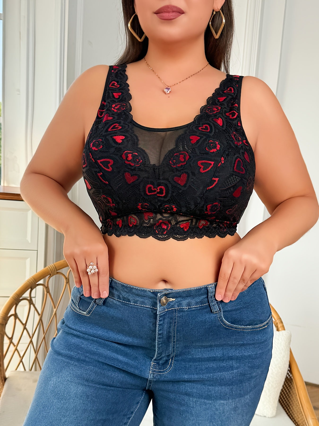 Plus Size Sheer Heart Pattern Corsetry Lingerie with Contrast Lace