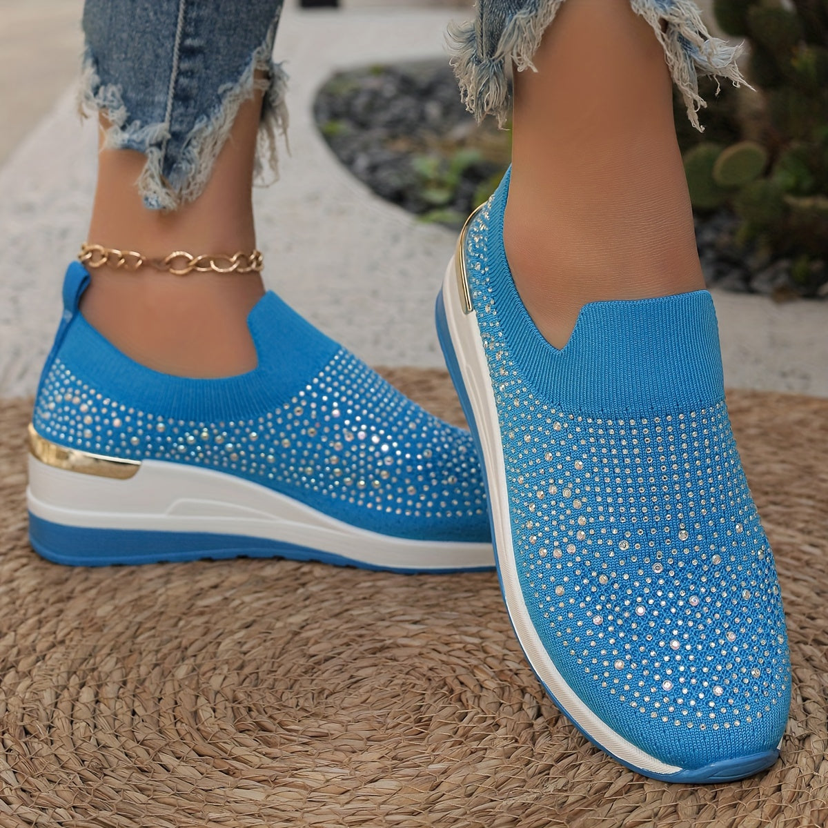 Women's Rhinestone Decor Platform Sneakers Casual Slip-On Outdoor Shoes