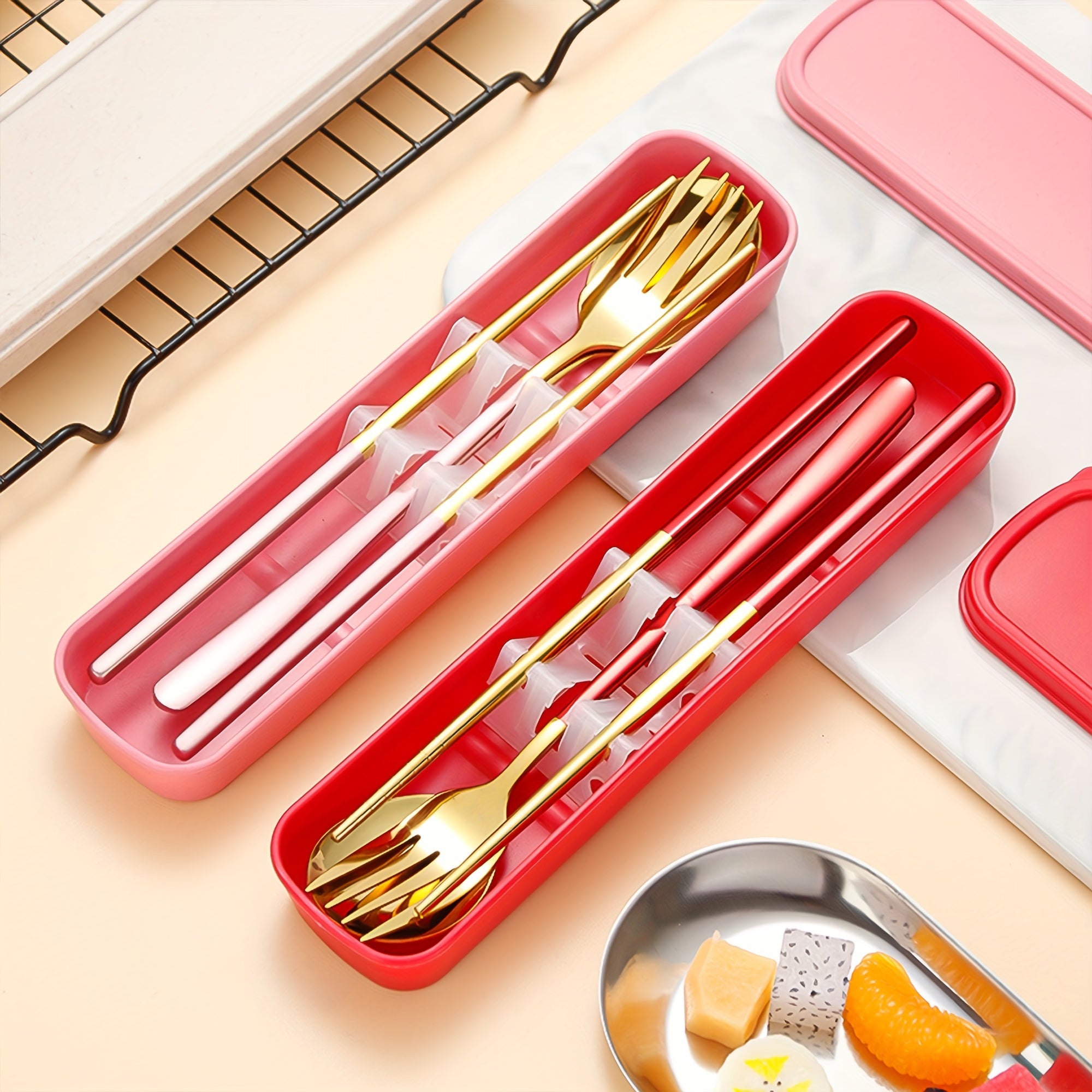 Set of 4 Stainless Steel Portable Cutlery with Reusable Box Fork Spoon Chopsticks for Camping Outdoor Dining